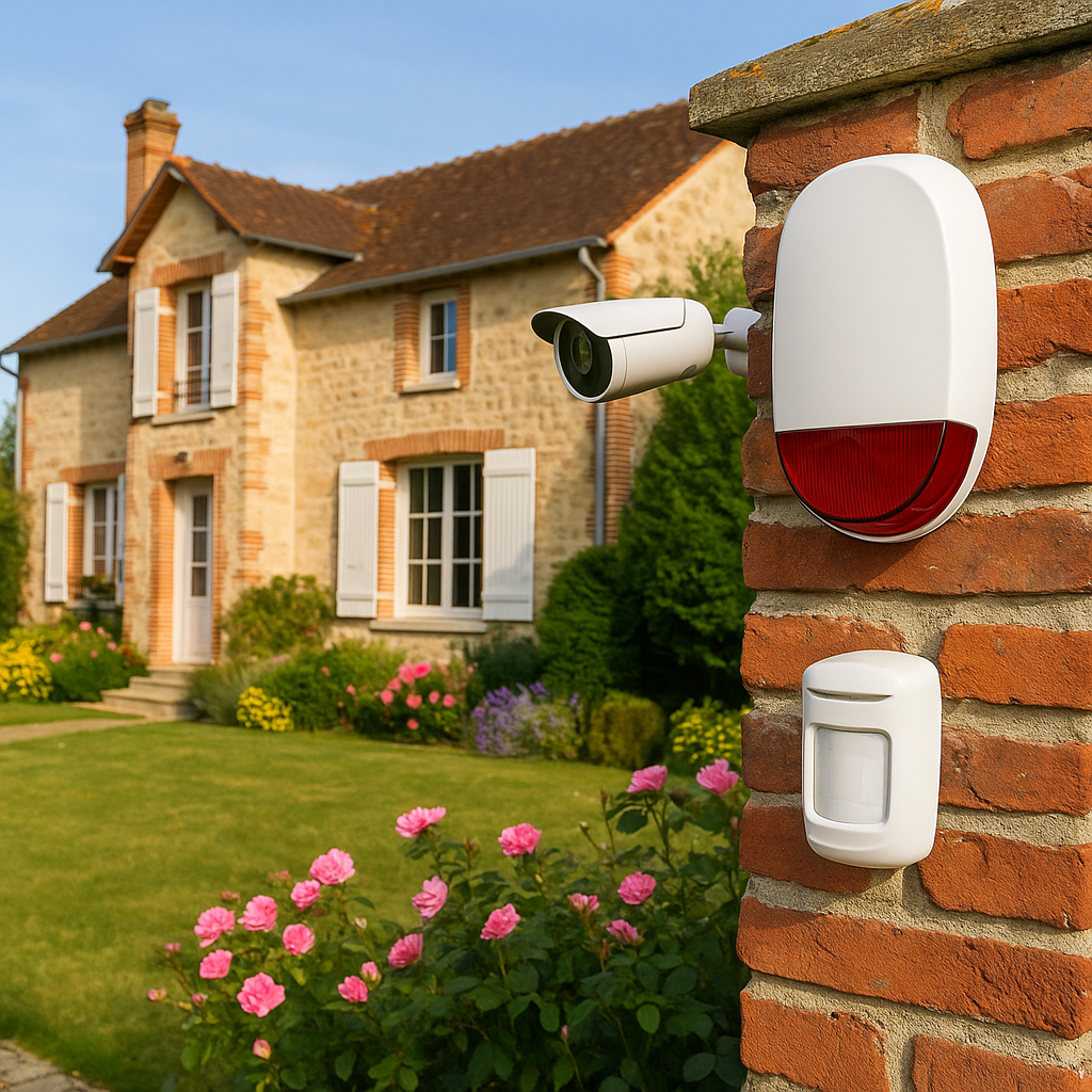 Système d’alarme maison jardin 2025 installé dans un jardin fleuri d’une maison française
